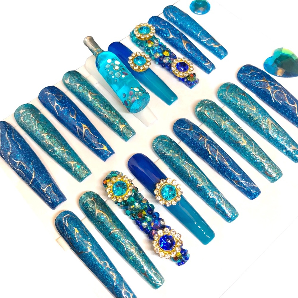 Handmade Press On Nails 2X Long Coffin Custom Hypnotic Blue Nails Full S… - Picture 3 of 10
